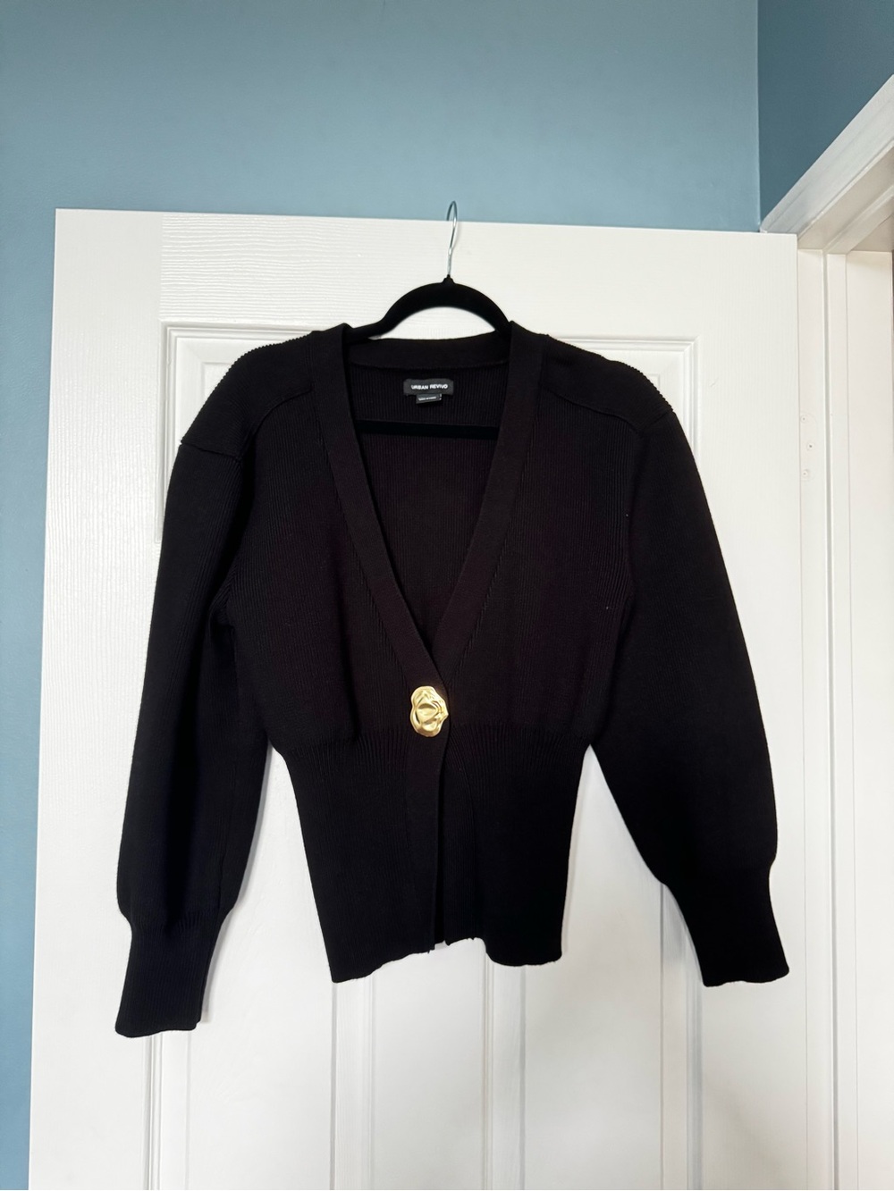 Black V-Neck Cardigan with Decorative Gold Button